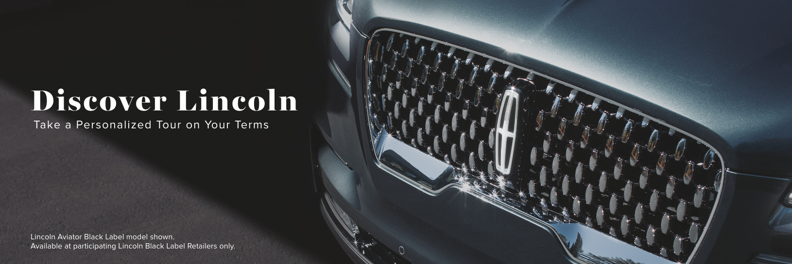 The LincolnĀ® Black Label Aviator grille is shown with raised LincolnĀ® star logo shapes surrounding the center LincolnĀ® emblem